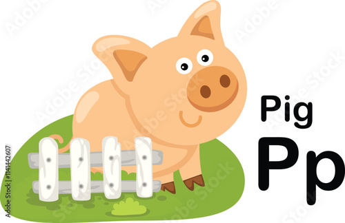 Alphabet Letter P-Pig with cartoon vocabulary illustration, vector