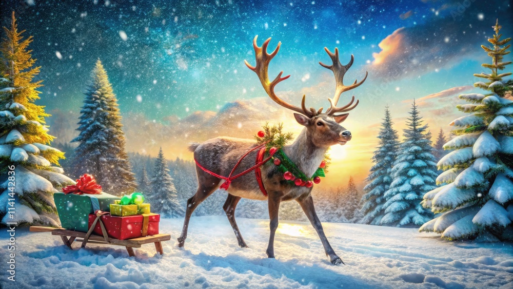 Reindeer in Christmas Attire with Sleigh Full of Gifts in Snowy Winter Wonderland Reindeer in Christmas Attire with Sleigh Full of Gifts in Snowy Winter Wonderland