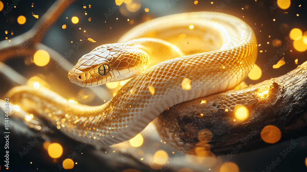 A snake is curled up on a branch with a bright yellow color. The snake is surrounded by a lot of light, which creates a warm and inviting atmosphere. Concept of peace and tranquility A snake is curled up on a branch with a bright yellow color. The snake is surrounded by a lot of light, which creates a warm and inviting atmosphere. Concept of peace and tranquility