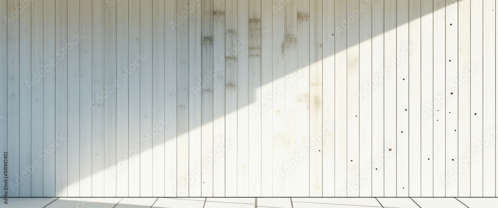 photo of a minimalist interior space with a white wall and a large diagonal shadow cast by a beam of sunlight. The wall is made of vertical wooden panels, and the floor is covered in white tiles. The photo of a minimalist interior space with a white wall and a large diagonal shadow cast by a beam of sunlight. The wall is made of vertical wooden panels, and the floor is covered in white tiles. The