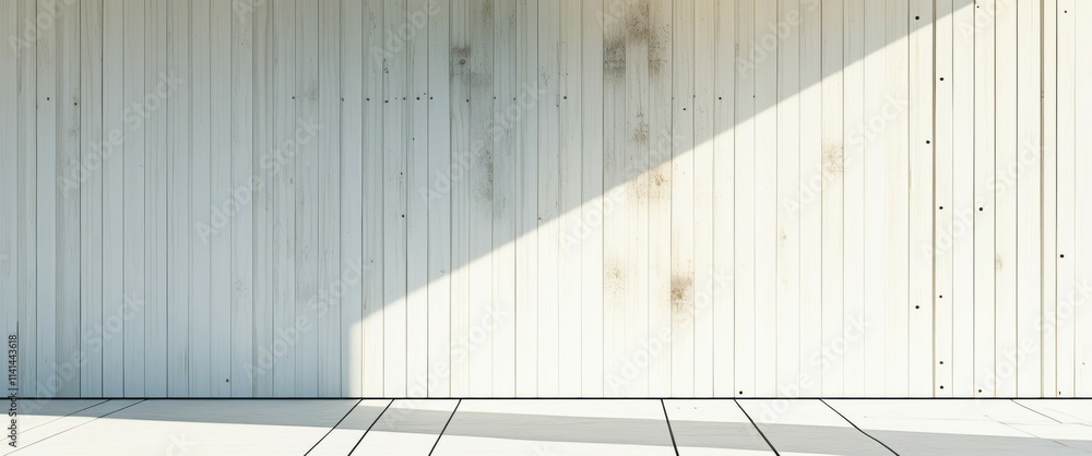 photo of a minimalist interior space with a white wall and a large diagonal shadow cast by a beam of sunlight. The wall is made of vertical wooden panels, and the floor is covered in white tiles. The photo of a minimalist interior space with a white wall and a large diagonal shadow cast by a beam of sunlight. The wall is made of vertical wooden panels, and the floor is covered in white tiles. The