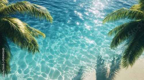 Crystal clear tropical blue water reflecting sunlight in exotic island paradise