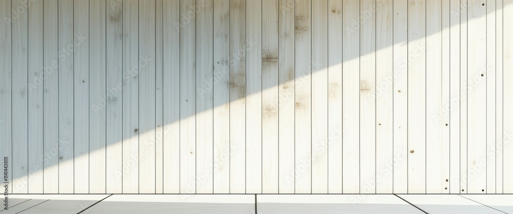 Obraz premium photo of a minimalist interior space with a white wall and a large diagonal shadow cast by a beam of sunlight. The wall is made of vertical wooden panels, and the floor is covered in white tiles. The 