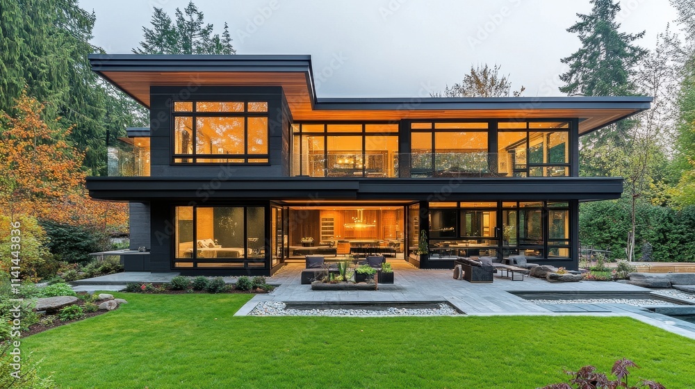 Modern, two-story black house with large windows and a patio. Illustrates contemporary architecture, ideal for real estate or home design. Modern, two-story black house with large windows and a patio. Illustrates contemporary architecture, ideal for real estate or home design.