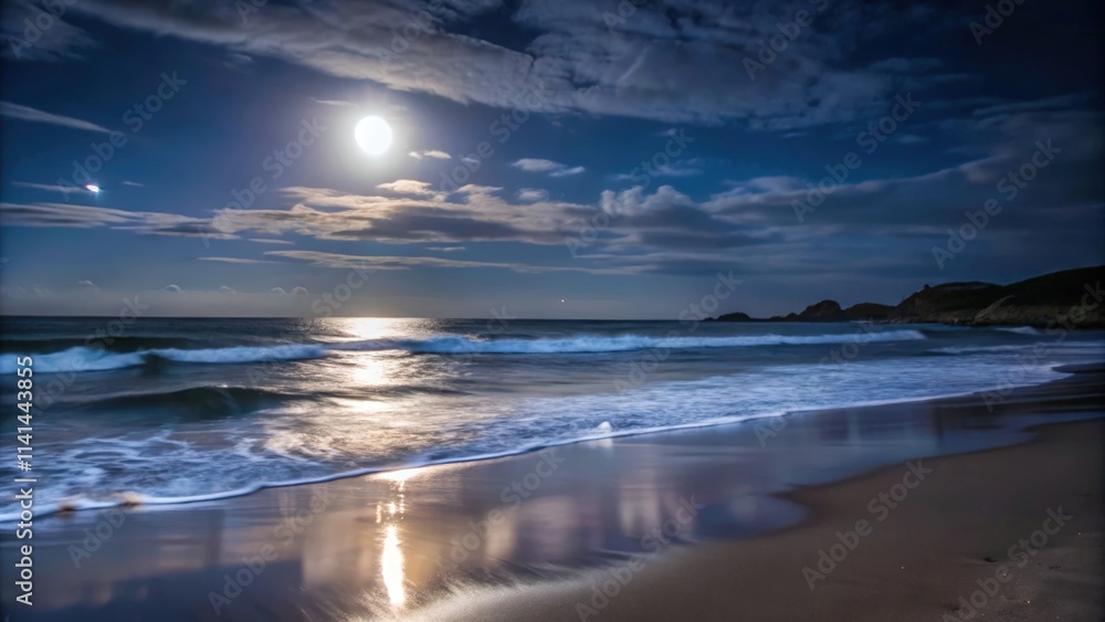 Fototapeta premium Moonlit Ocean Waves Crashing on Sandy Beach at Night