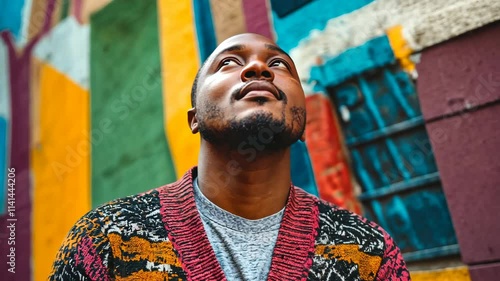 Man gazing upward in colorful urban mural setting during daylight