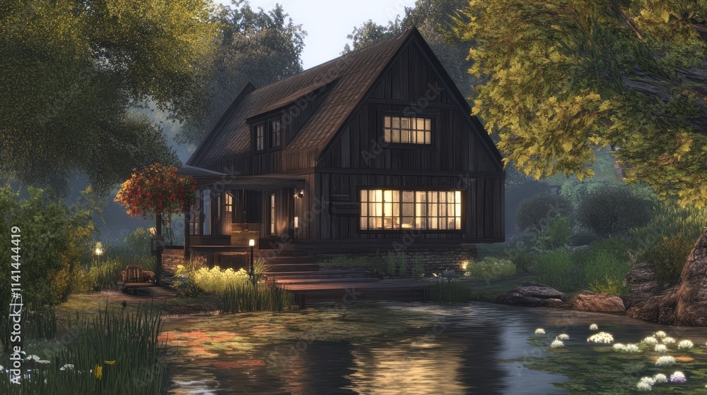 Rustic wooden cabin by a pond at dusk, surrounded by lush greenery and illuminated windows. Rustic wooden cabin by a pond at dusk, surrounded by lush greenery and illuminated windows.