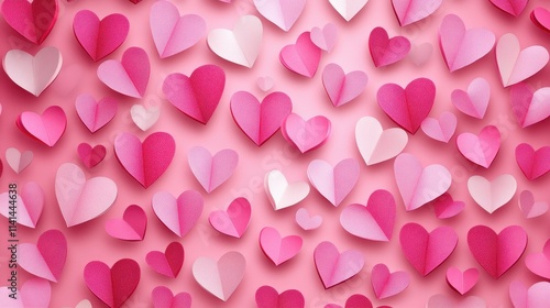 Pink and white paper hearts on pink background. Perfect for Valentine's Day, love, and romance themes.