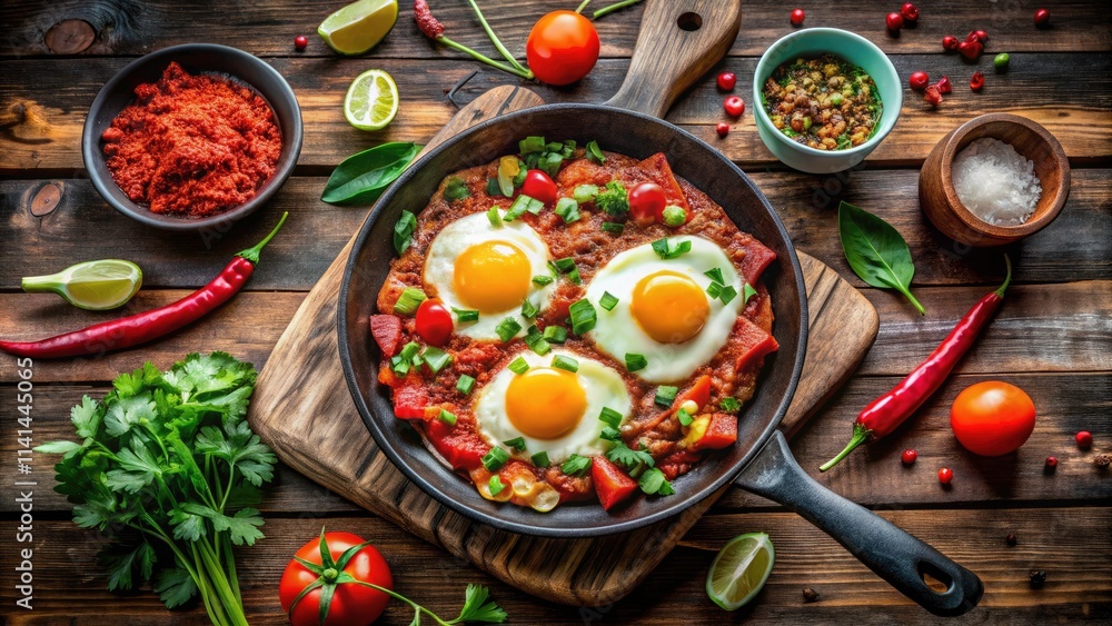 Silhouette of Huevos Rancheros in Iron Frying Pan on Rustic Wooden Table - Mexican Breakfast Inspiration with Copyspace for Food Bloggers and Culinary Enthusiasts Silhouette of Huevos Rancheros in Iron Frying Pan on Rustic Wooden Table - Mexican Breakfast Inspiration with Copyspace for Food Bloggers and Culinary Enthusiasts