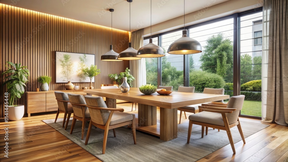 Spacious Modern Dining Area with Wooden Table and Neutral Tableware - Elegant Interior Design, Contemporary Decor, Cozy Ambiance Spacious Modern Dining Area with Wooden Table and Neutral Tableware - Elegant Interior Design, Contemporary Decor, Cozy Ambiance