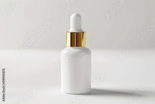 White glass dropper bottle with gold cap on white background.