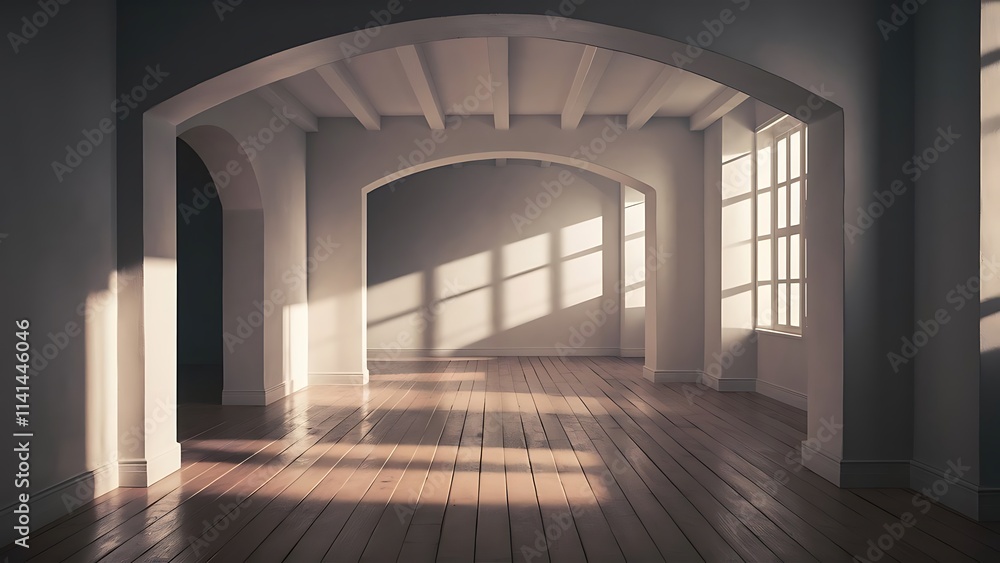 Obraz premium White empty room interior with arch entrance with wooden floor, shadows and sun light from window on wall