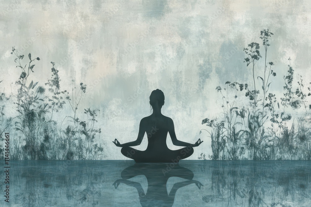A Silhouetted Figure in a Meditative Pose Reflected in Water with a Background of Silhouetted Plants A Silhouetted Figure in a Meditative Pose Reflected in Water with a Background of Silhouetted Plants
