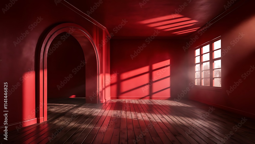 red empty room interior with arch entrance with wooden floor, shadows and sun light from window on wall
red empty room interior with arch entrance with wooden floor, shadows and sun light from window on wall