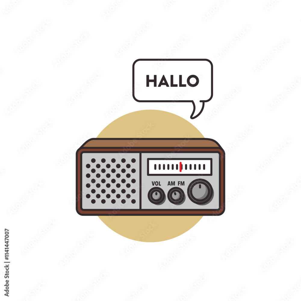 Fototapeta premium A vintage radio with a speech bubble reading “HALLO” against a simple, two-tone circular background, perfect for retro communication themes.