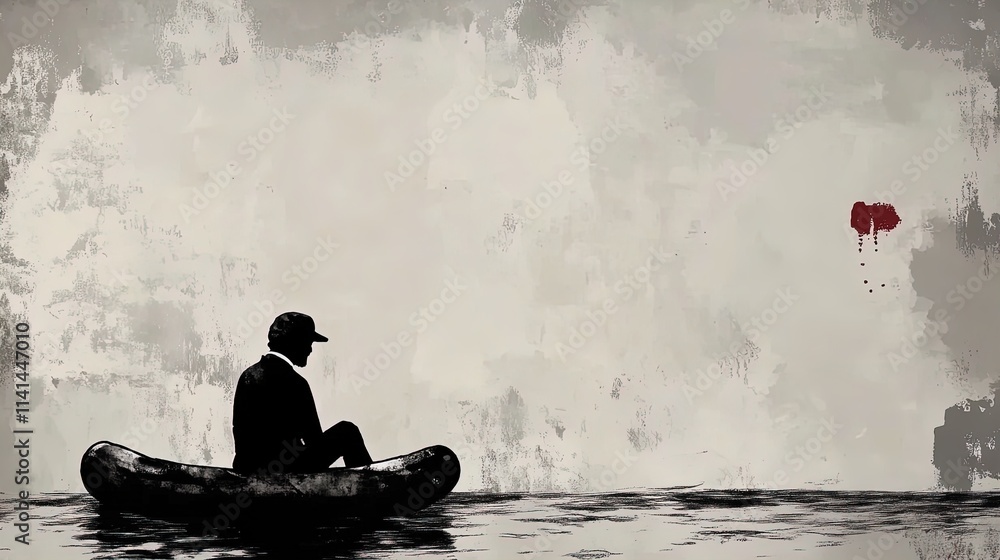Solitude at Sea: A Striking Poster of a Lone Figure in Professional Attire on a Minimalist Raft, Perfect for Inspiring Sports Interiors and Dramatic Spaces Solitude at Sea: A Striking Poster of a Lone Figure in Professional Attire on a Minimalist Raft, Perfect for Inspiring Sports Interiors and Dramatic Spaces
