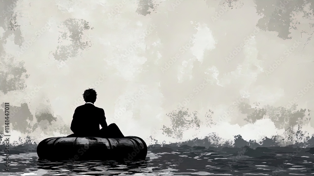 Solitude at Sea: A Striking Poster of a Lone Figure in Professional Attire on a Minimalist Raft, Perfect for Inspiring Sports Interiors and Dramatic Spaces Solitude at Sea: A Striking Poster of a Lone Figure in Professional Attire on a Minimalist Raft, Perfect for Inspiring Sports Interiors and Dramatic Spaces