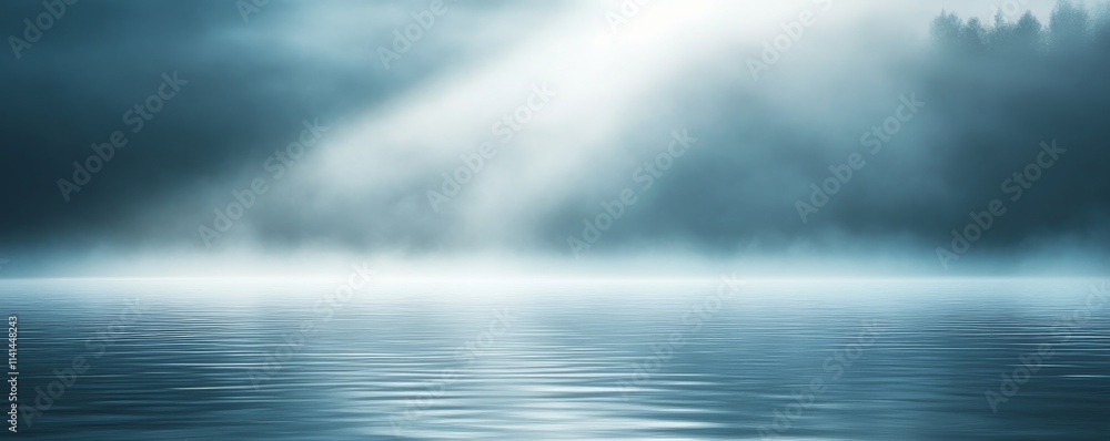 Fototapeta premium calm misty lake with sunlight streaming through