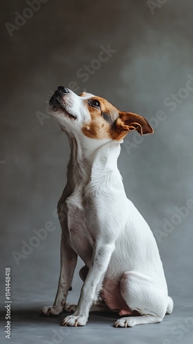 Attentive dog keenly looks upward in close-up photo on gray backdrop.. AI Generated