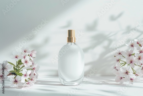 White perfume bottle with cherry blossoms. photo