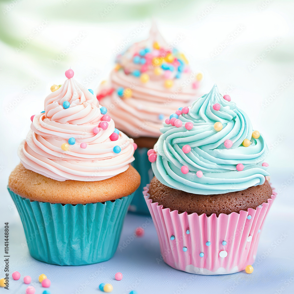 Colorful cupcakes with detailed frosting and sprinkles, isolated design on white background
Colorful cupcakes with detailed frosting and sprinkles, isolated design on white background