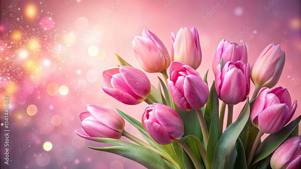 Obraz premium Surreal Spring Flower Composition with Pink Tulips on Pastel Background, Dreamy Floral Arrangement, Delicate Petals, Vibrant Colors, Nature's Beauty, Floral Art, Spring Aesthetic