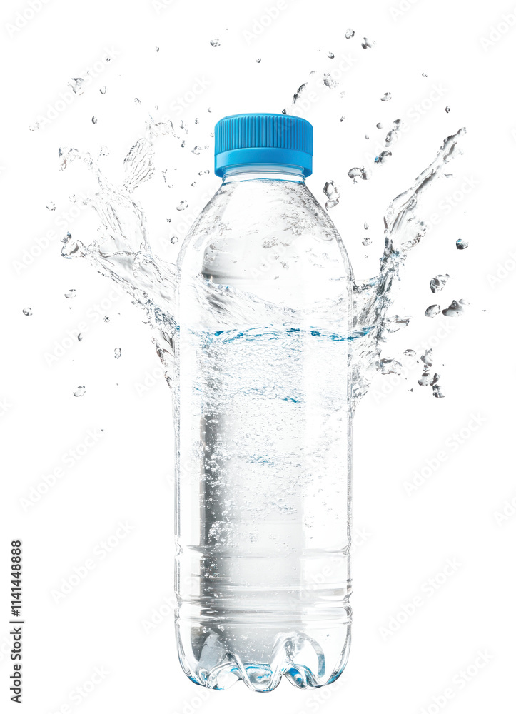 PNG A water bottle surrounding with water splash around the transparent water bottle with blue lid clean refreshing hydration. PNG A water bottle surrounding with water splash around the transparent water bottle with blue lid clean refreshing hydration.