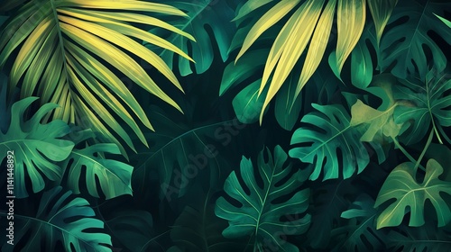 Fototapeta Naklejka Na Ścianę i Meble -  Vibrant tropical leaves and lush greenery illustrating a tropical jungle background