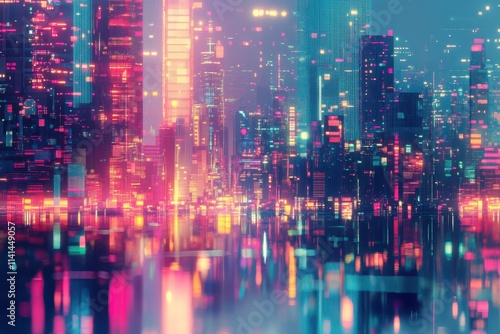 Neon Cityscape Digital Art Futuristic Buildings Glowing Lights