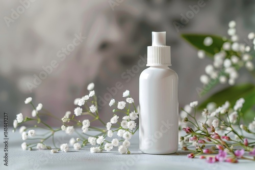 White spray bottle with flowers. photo