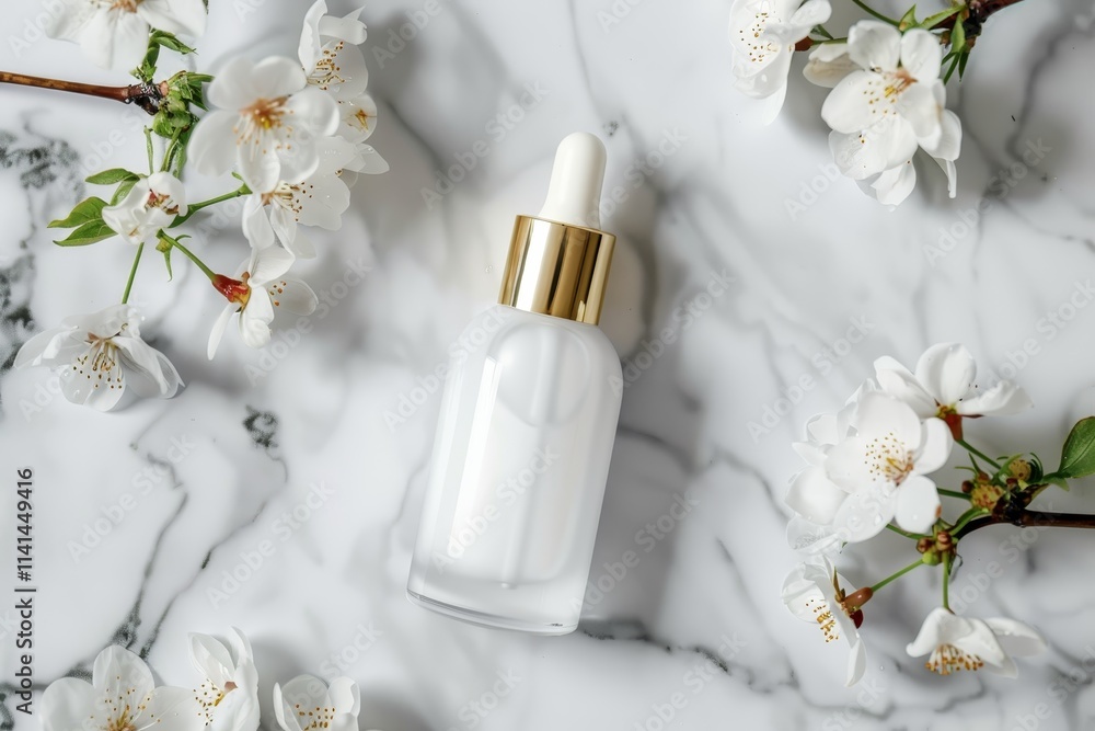 White serum bottle with gold cap on marble background, surrounded by cherry blossoms. White serum bottle with gold cap on marble background, surrounded by cherry blossoms.