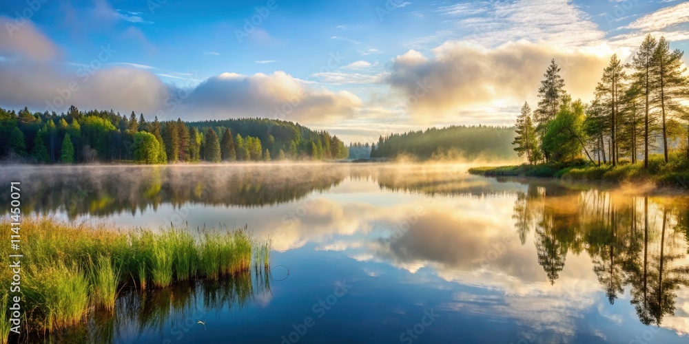 Obraz premium Tranquil Fog Over Lake Aresjon in Sweden - Serene Landscape, Nature, Water Reflection, Morning Mist, Scandinavian Beauty, Outdoor Adventure, Peaceful