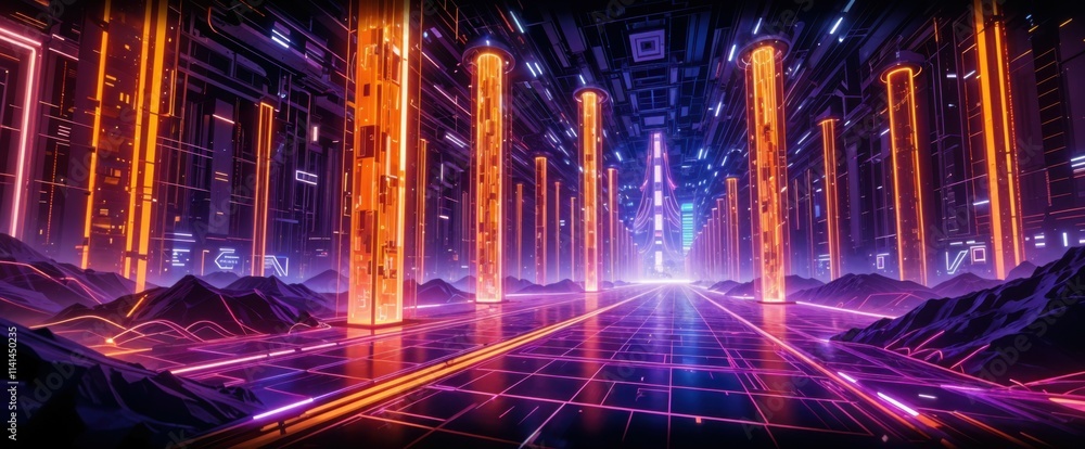 Futuristic Digital Landscape with Neon Grid and Glowing Data Pillars Futuristic Digital Landscape with Neon Grid and Glowing Data Pillars