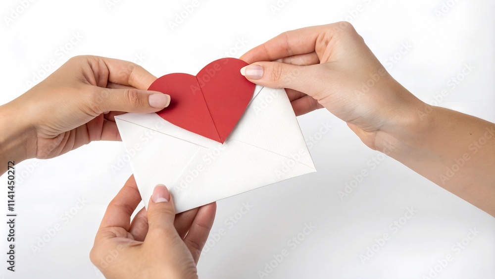 Two hands holding a white envelope with a red heart on a white background. Valentine's Day gift and greeting card design Two hands holding a white envelope with a red heart on a white background. Valentine's Day gift and greeting card design