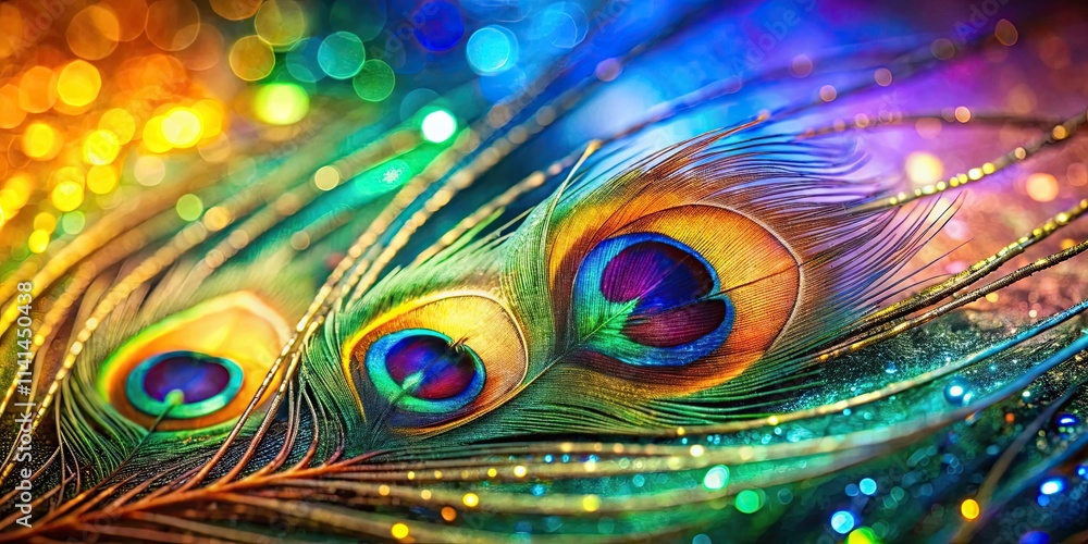 Obraz premium Vibrant peacock feather background with iridescent colors , exotic, feathers, vibrant, colors, pattern, texture, ornate