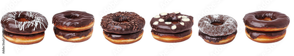 six chocolate glazed donuts with different toppings isolated on white background six chocolate glazed donuts with different toppings isolated on white background