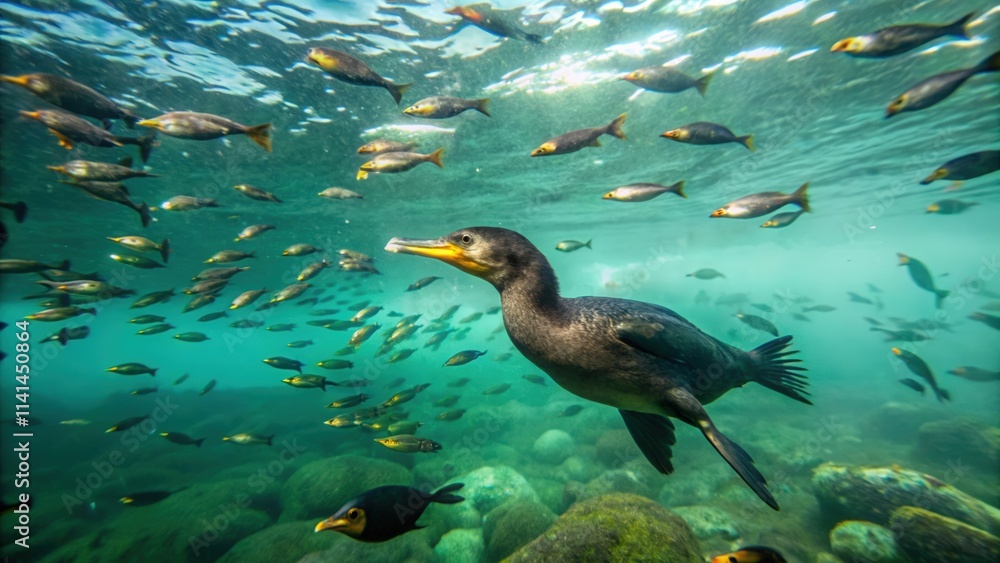 Cormorant Swimming Underwater Amidst a School of Fish Cormorant Swimming Underwater Amidst a School of Fish