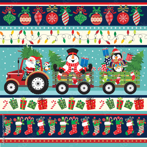 Christmas card design with Santa, tractor, snowman, penguin, bauble and stocking pattern