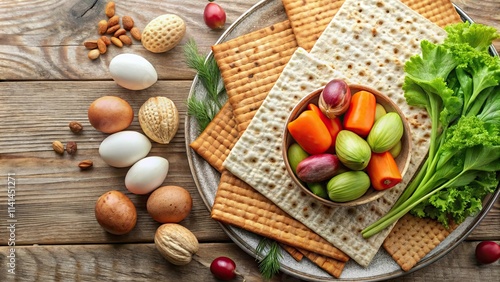 Top view of a plate of traditional Matzah surrounded by nuts, eggs, and vegetables, prepared for Passover photo