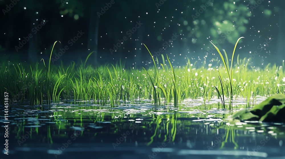 Enchanted Forest Meadow: 3D Render of Rain-Kissed Grass and Still Water. AI Generated Enchanted Forest Meadow: 3D Render of Rain-Kissed Grass and Still Water. AI Generated