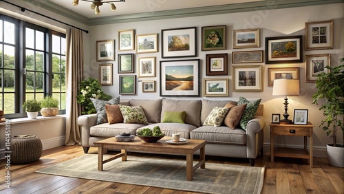 Gallery wall with framed art above a sofa in a modern English country cottage living room photo