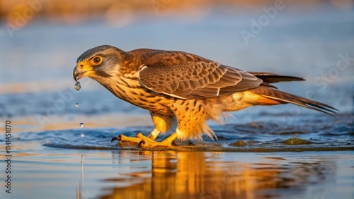 A Kestrel Bird Drinking Water With Droplets Falling photo