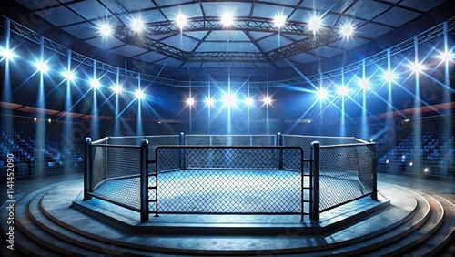 UFC ring background with bright stadium lights and arena seating , sports, competition, mixed martial arts
