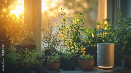 A smart garden setup with sensors monitoring soil moisture and sunlight, adjusting irrigation and LED growth lights to maintain optimal conditions for indoor plants