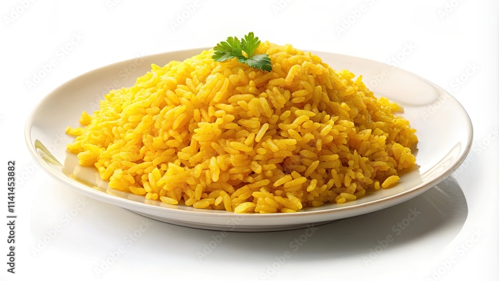 Side dish of yellow rice on a white plate with clipping path, yellow rice, side dish, food, plate, white, isolated Side dish of yellow rice on a white plate with clipping path, yellow rice, side dish, food, plate, white, isolated