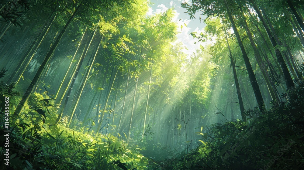 Obraz premium A dense bamboo forest with tall, slender stalks reaching toward the sky. Shafts of sunlight break through the leaves, illuminating the forest floor in a peaceful scene
