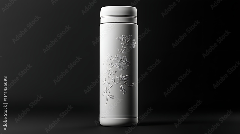 Photorealistic image of a matte white thermos bottle with beautiful floral engraving Photorealistic image of a matte white thermos bottle with beautiful floral engraving