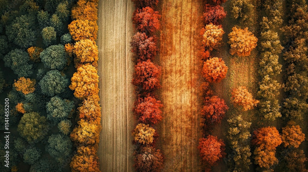 Fototapeta premium An aerial view of an autumn orchard, rows upon rows of trees with leaves in various shades from green to orange and red