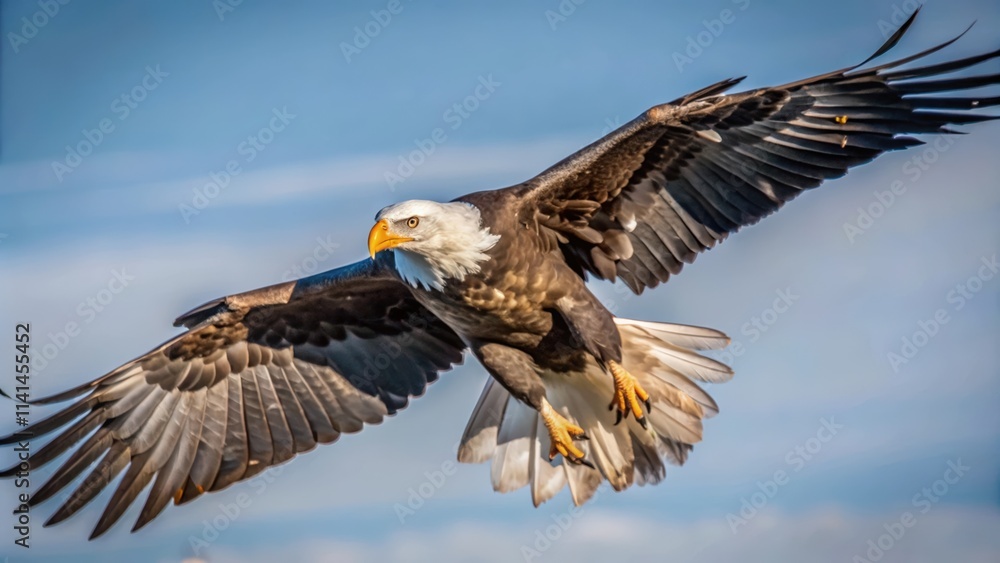 Fototapeta premium Bald Eagle in Flight with Spread Wings Against a Blue Sky