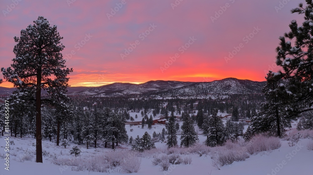 Tranquil Winter Sunrise Over Snow-Covered Forest Landscape Tranquil Winter Sunrise Over Snow-Covered Forest Landscape